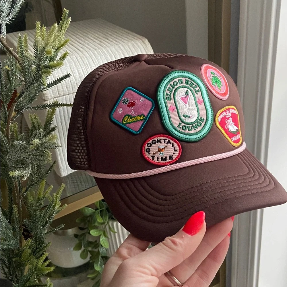 Anthropologie Christmas trucker hat embroidered patches OSFM